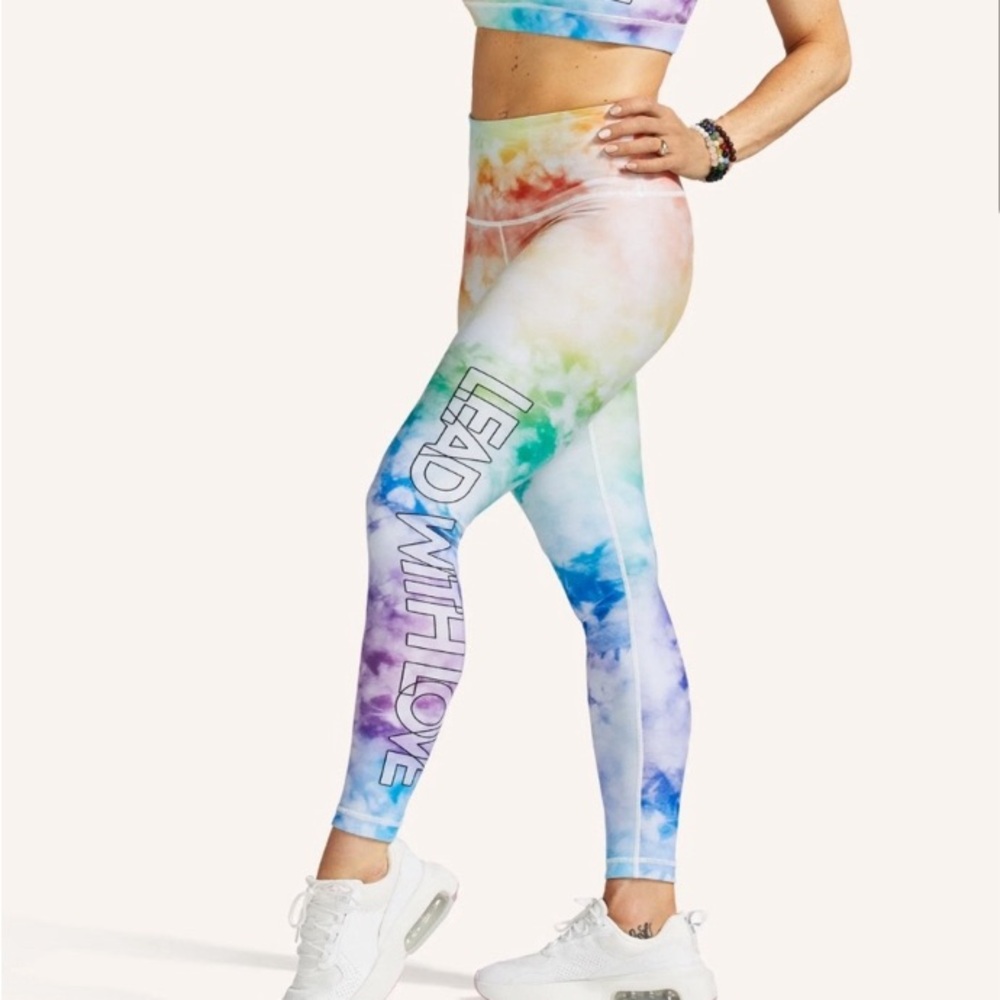 Peloton WITH reversible leggings tights rainbow tie dye Lead With Love Sz M NWT